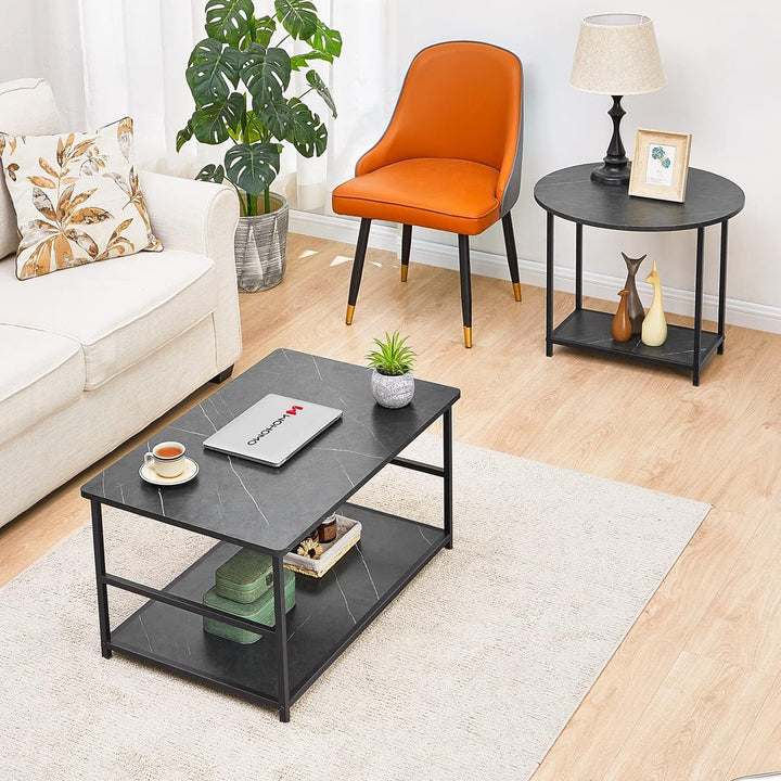 Sleek Modern Coffee Table Set, Detachable Center Table, Black Marble