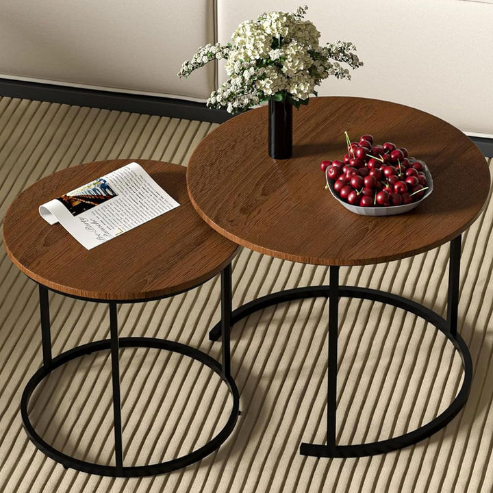 Industrial Nesting Coffee Table Set, Modern Walnut Accent Tables