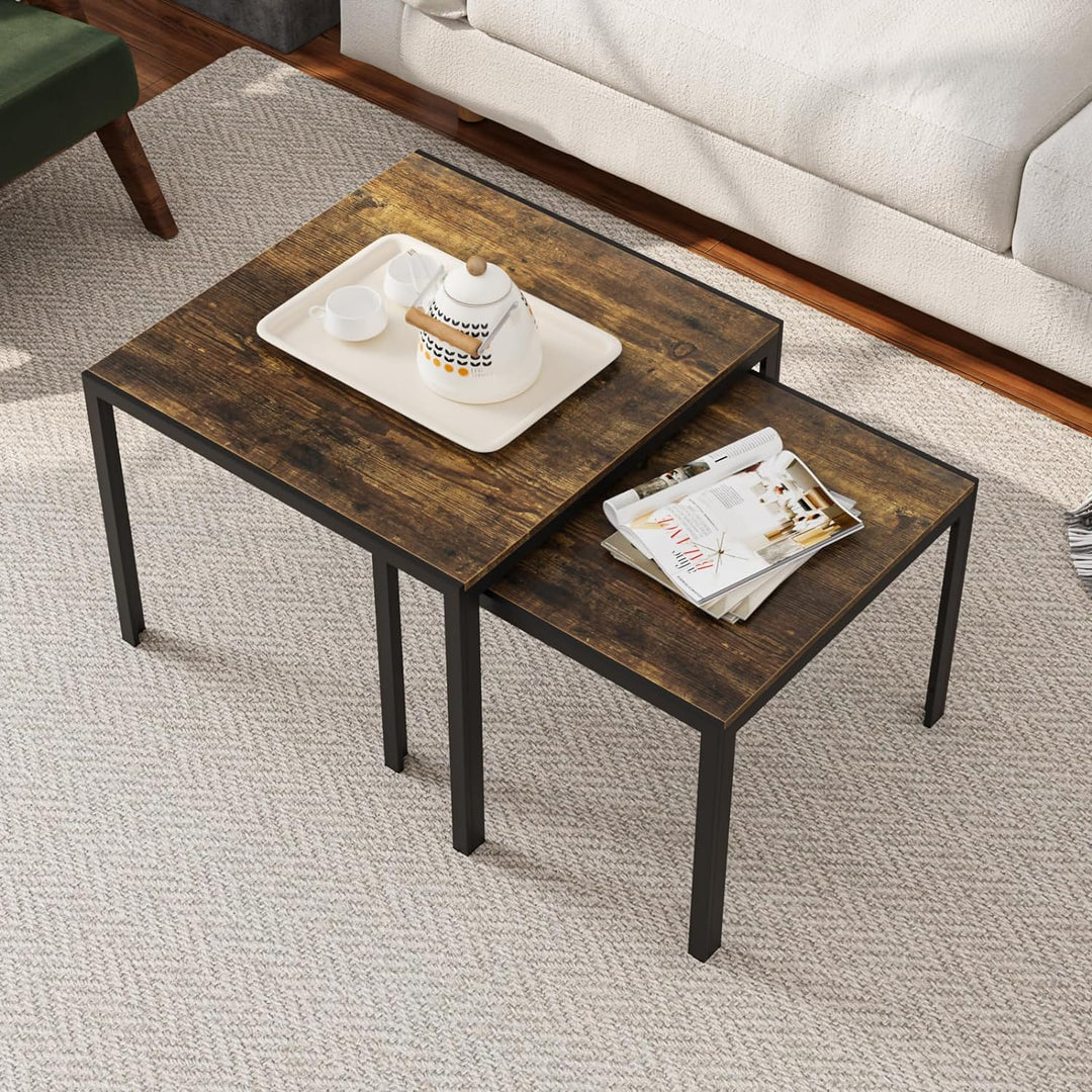 Nesting Coffee Table Set, Square Modern Stacking Tables, Rustic Brown