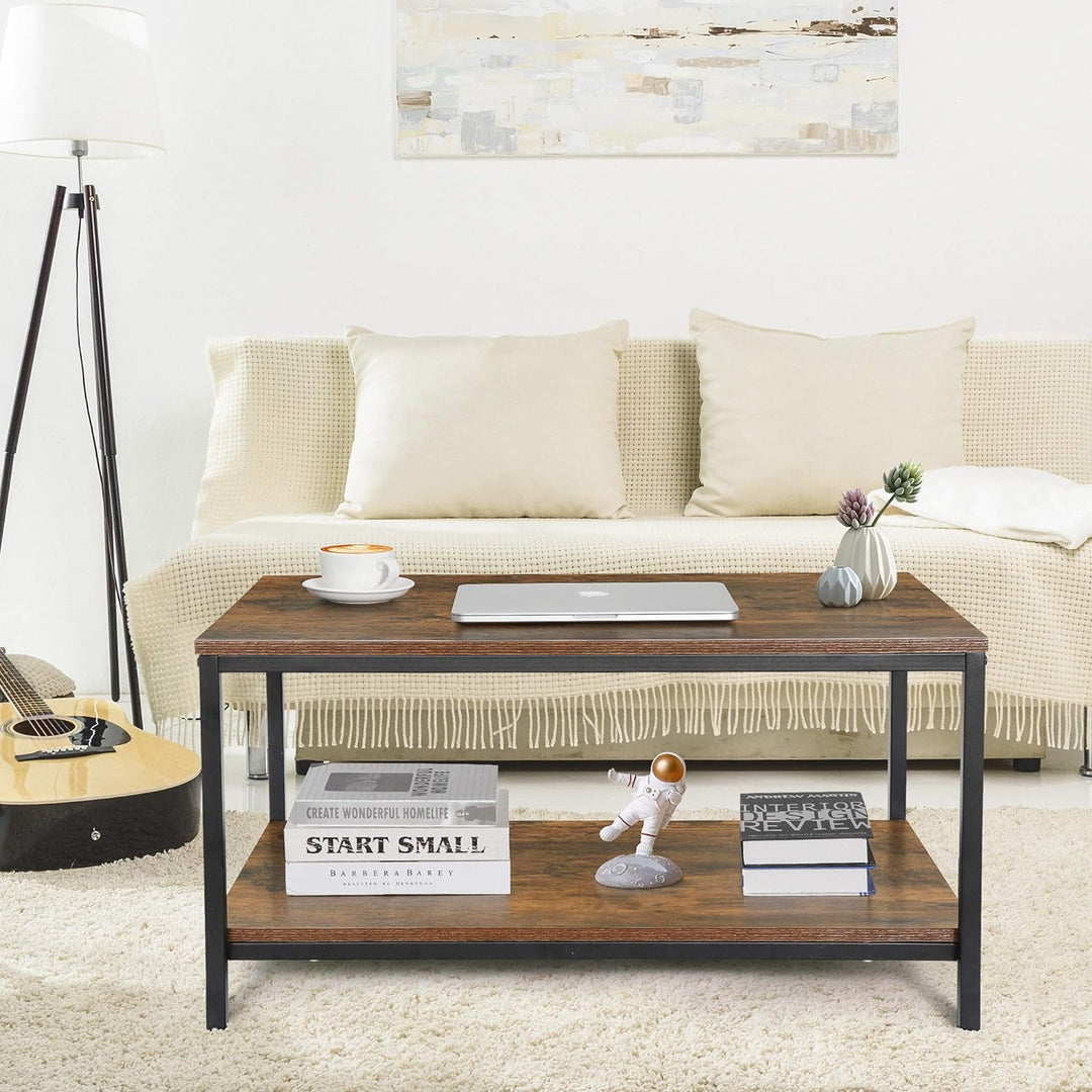 Rustic 2-Tier Industrial Coffee Table with Storage Shelf, Rectangular Wood and Metal TV Stand