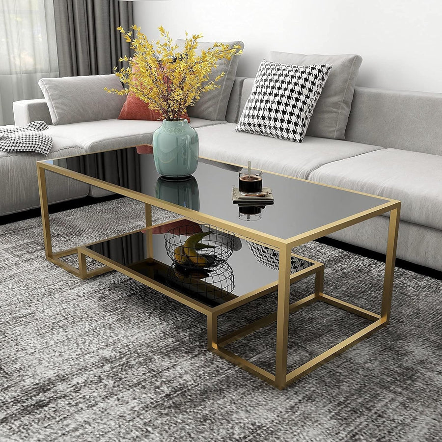 Glass Coffee Table with Brass Accent, Modern Tempered Glass Side Table