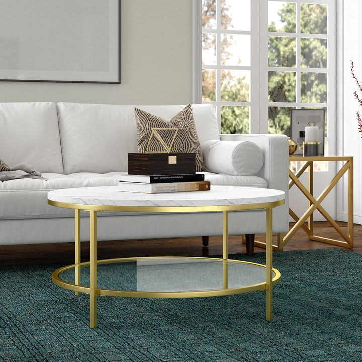 Faux Marble Top Round Coffee Table, Modern Design, Gold