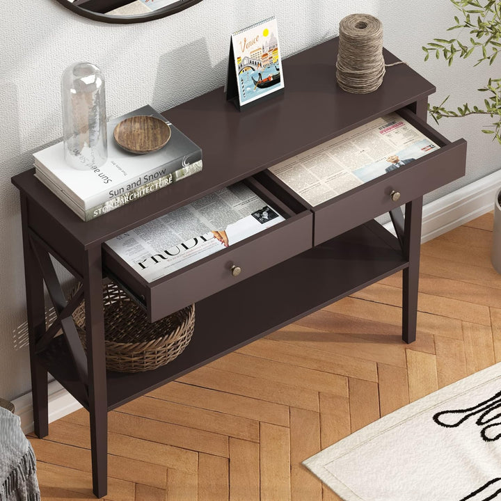 Console Table with Drawers, Narrow Wood Accent Espresso