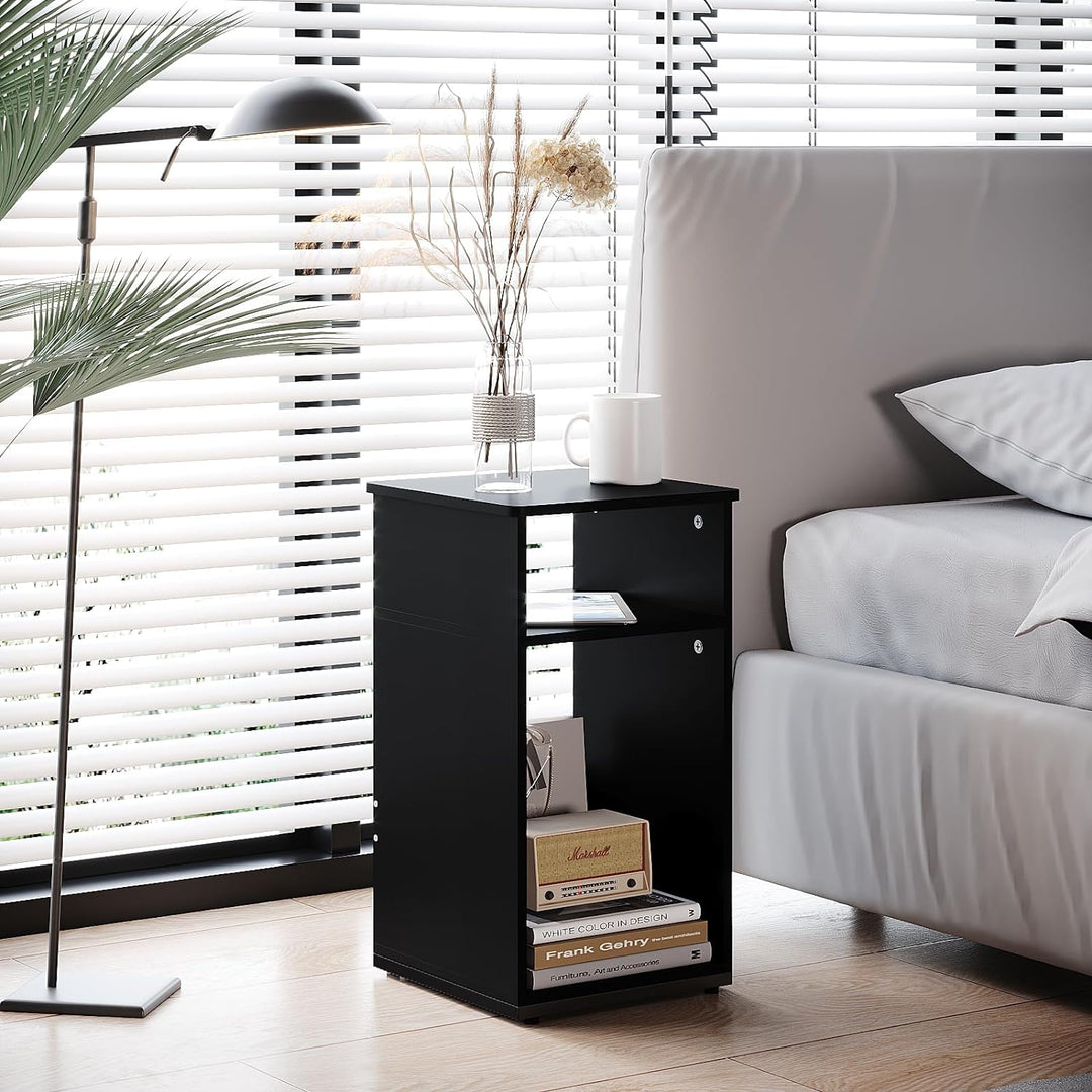 End Table with Storage Shelf, Small Side Table (Black)