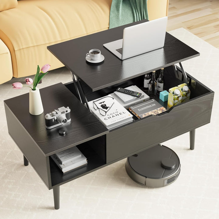 Lift Top Coffee Table with Storage Shelf, Black