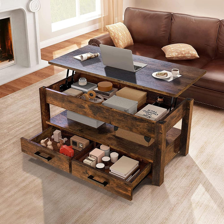 Lift Top Coffee Table with Storage Drawers, Rustic Brown