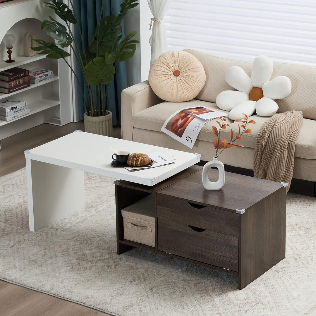 Versatile Extendable Wood Coffee Table with Storage, Walnut & White