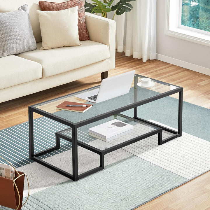 Tempered Glass Coffee Table, Geometric Design, Metal Frame, Black