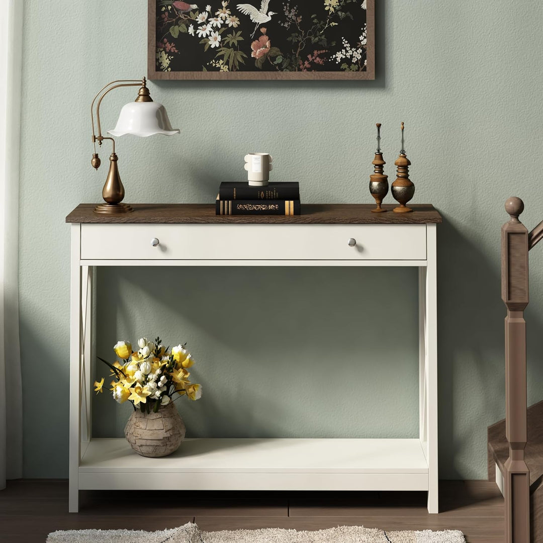 Oxford Design Farmhouse Console Table, Antique White & Brown