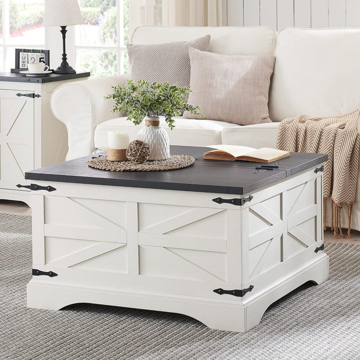 Farmhouse Coffee Table, Square Wood Center Table, Rustic, White