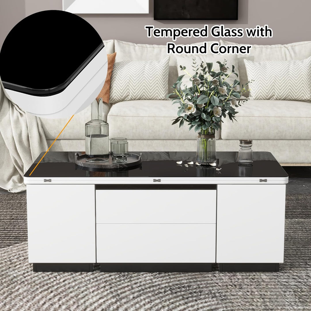 Merax Lift Top Glass Coffee Table with Storage, Convertible Dining