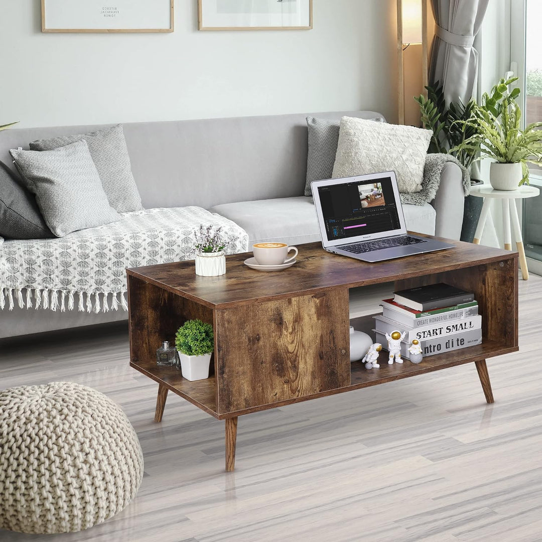 Rustic Brown 2-Tier Wooden Coffee Table with Storage