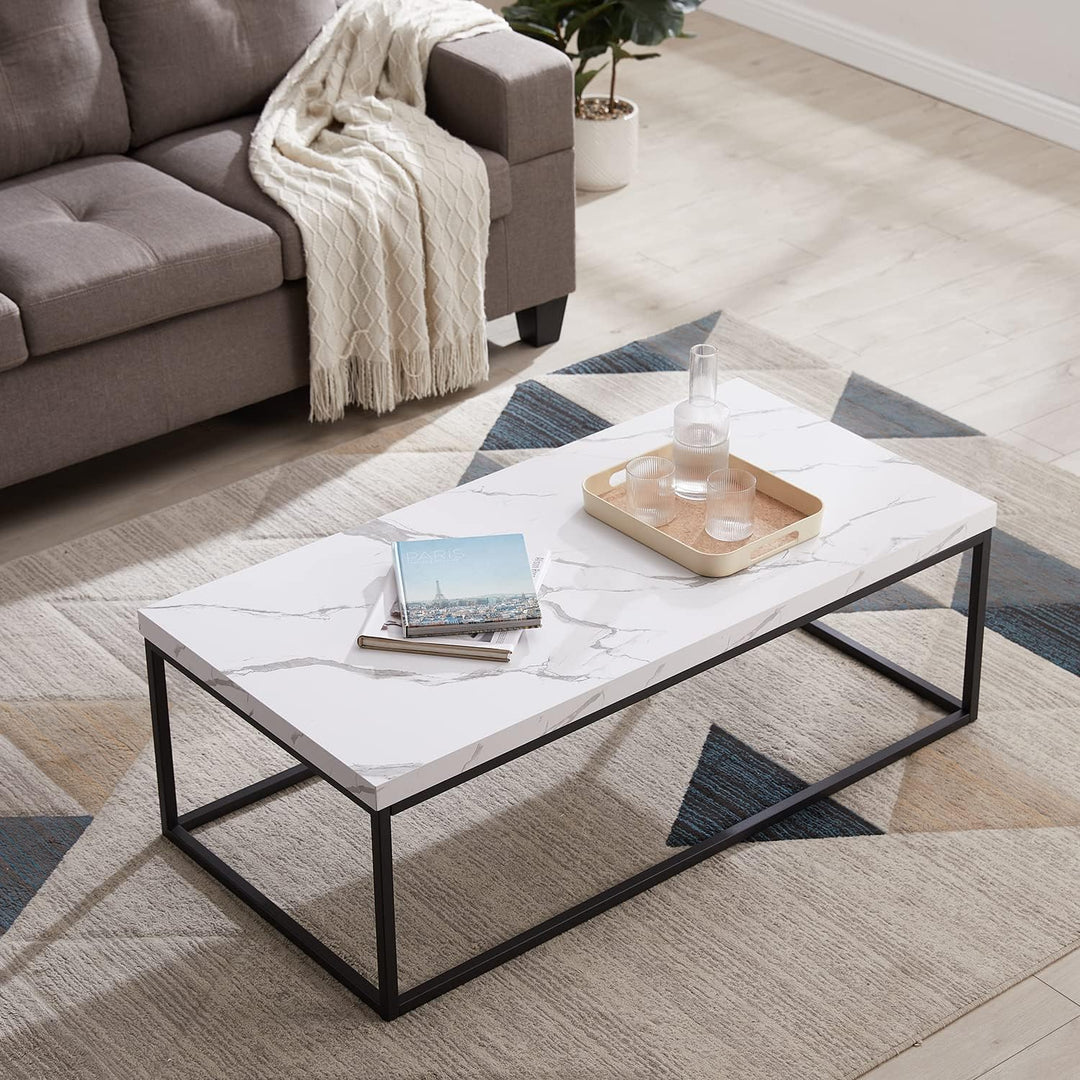 Marble Coffee Table, 47" Rectangle Modern Industrial, Wood and Metal