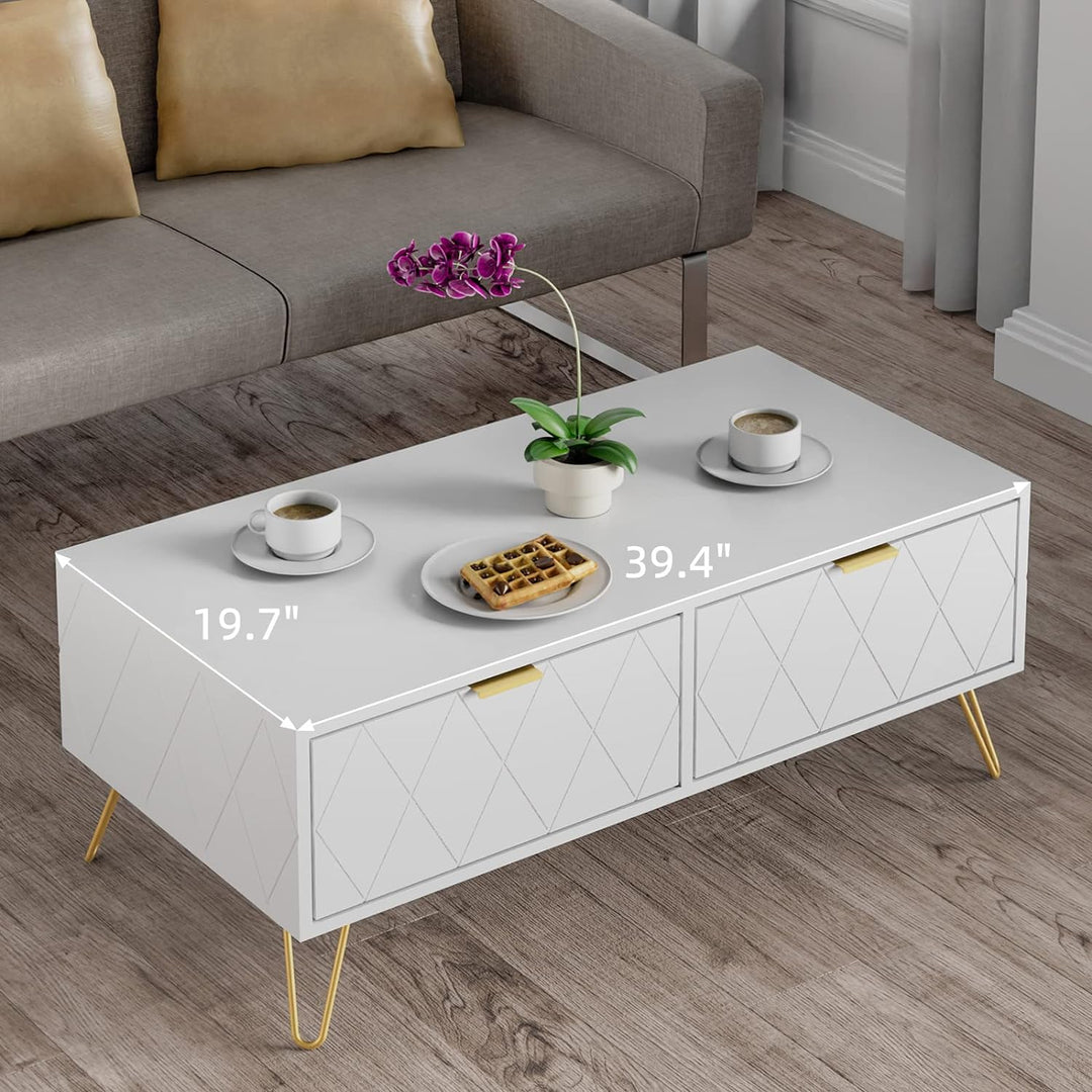 Scurrty Modern Coffee Table with Drawers, Open Shelves, Gold, White