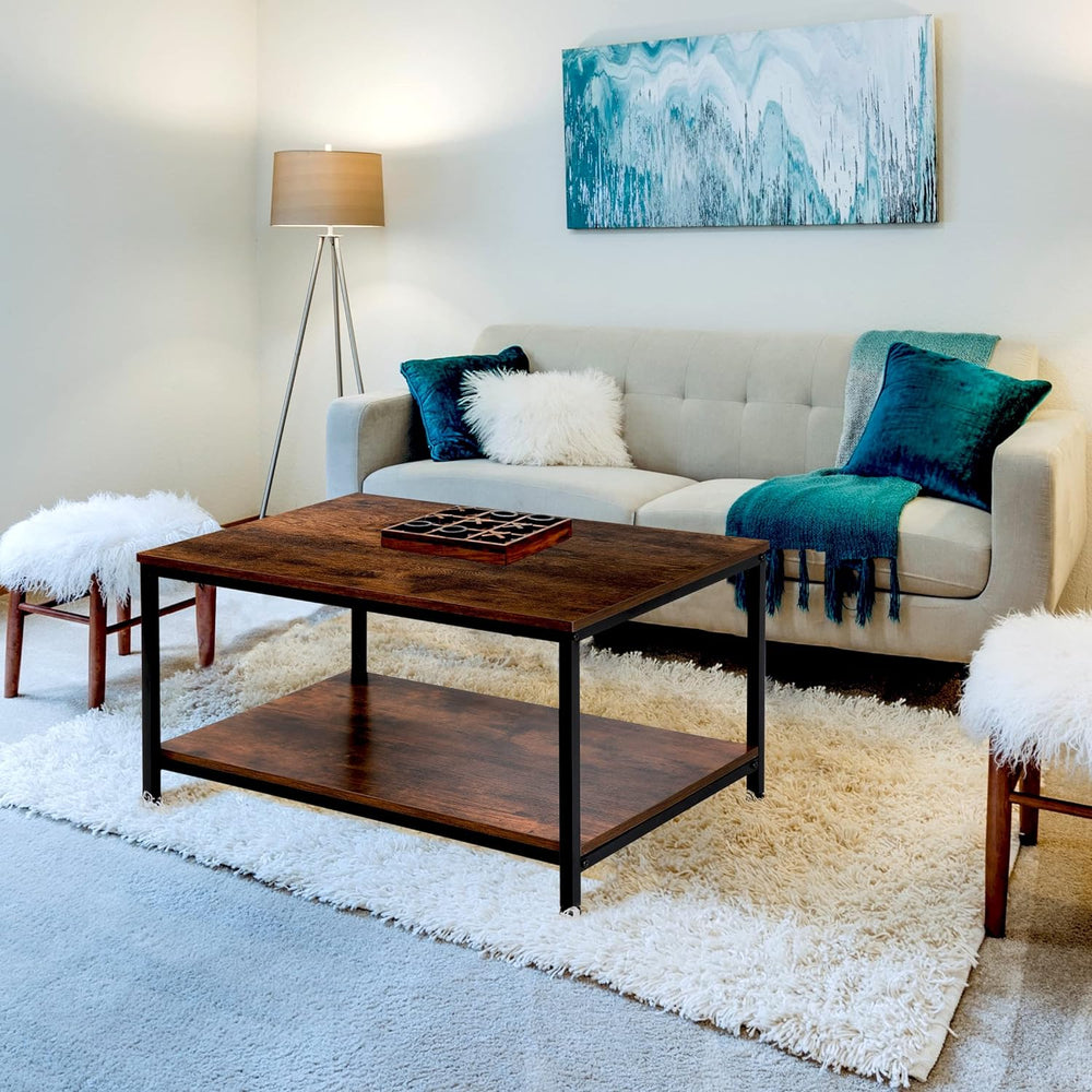 Rustic Industrial Coffee Table with Storage Shelf, Vintage Wooden Accent, Rustic Brown