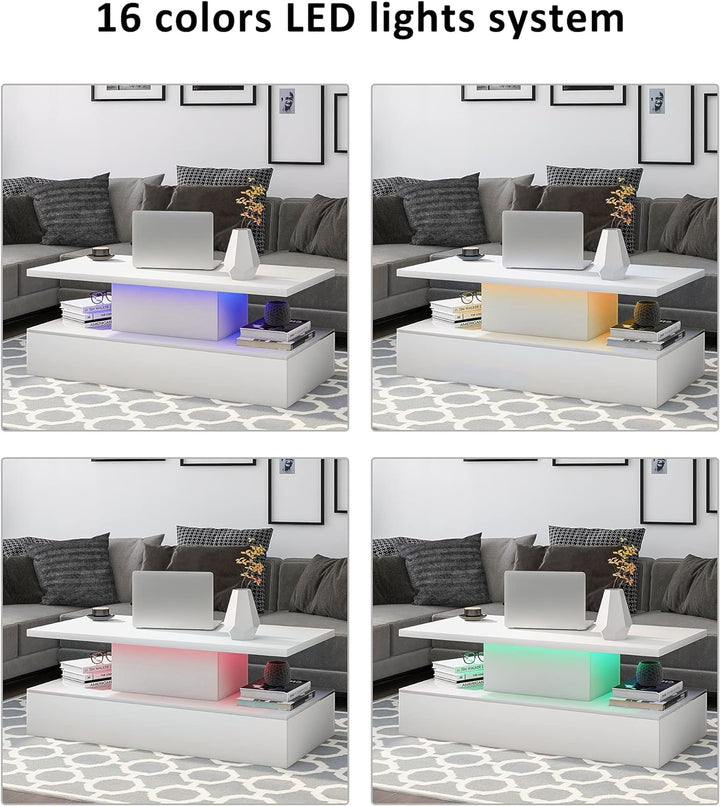 Coffee Table with LED Lighting, 16 Colors, Remote Control, White