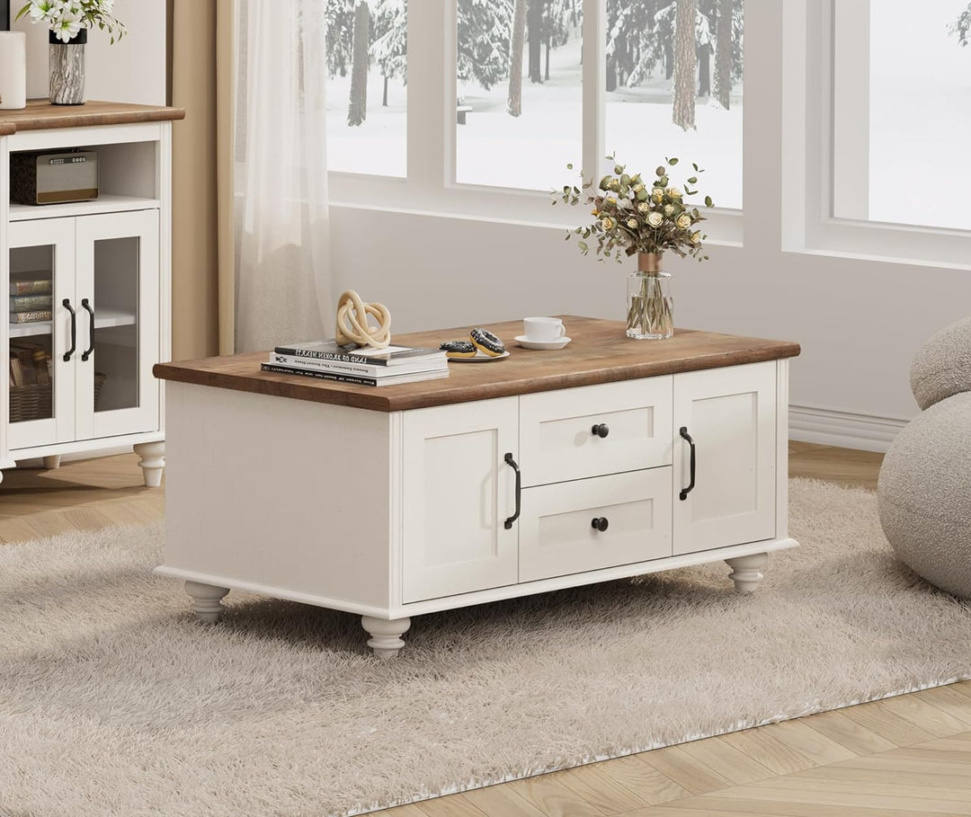 Modern Coffee Table with Storage Cabinet, White