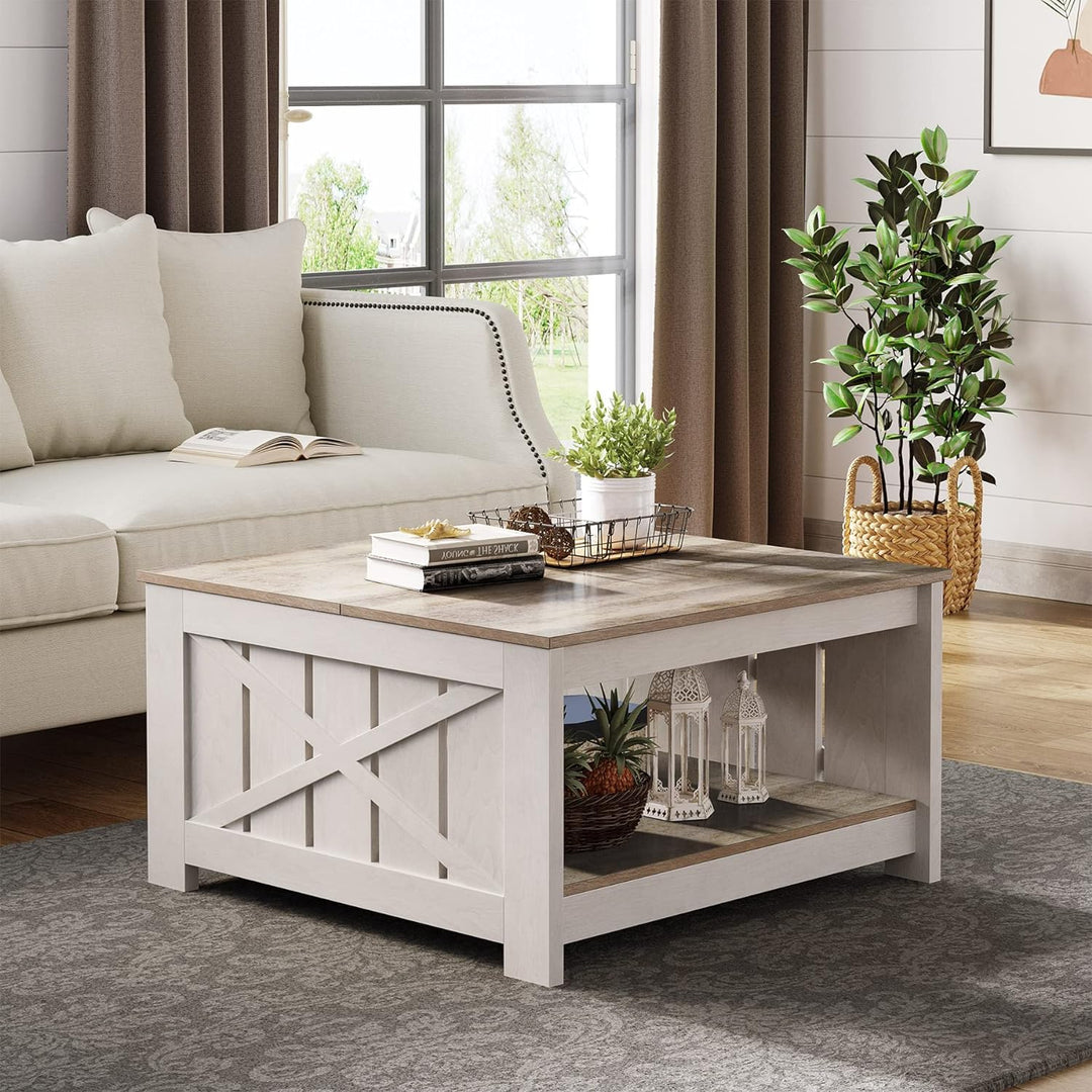 Rustic Farmhouse Coffee Table with Storage, Grey Wash