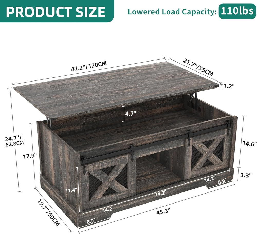 Farmhouse Coffee Table with Lift Top, Storage & Sliding Barn Door, Dark Rustic Oak