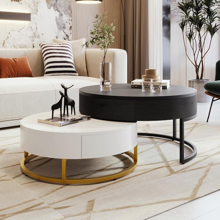 Modern Round Lift-top Nesting Coffee Tables, WhiteBlack