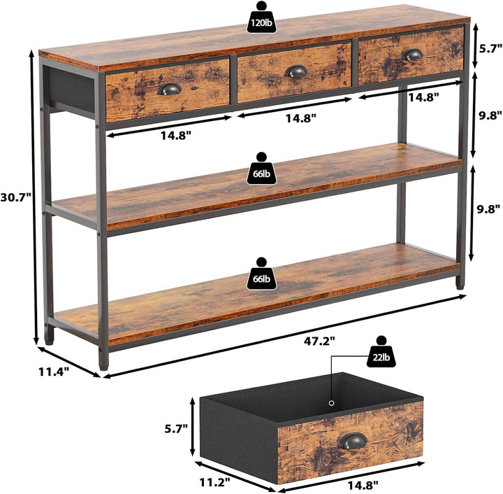 47" Console Sofa Table 3 Drawers 3-Tier Shelves