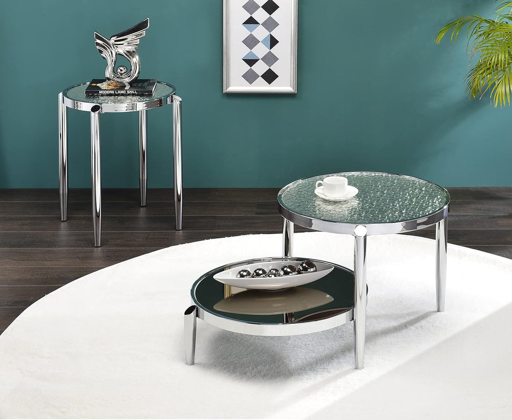 Farmhouse Glass Round Coffee Table, Modern Living Room Furniture, Chrome