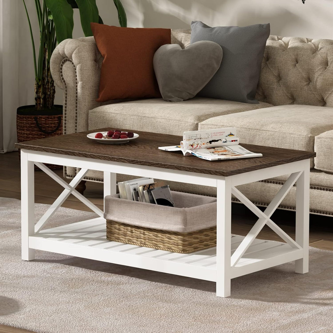 Rustic Farmhouse Coffee Table with Shelf, Vintage Finish White