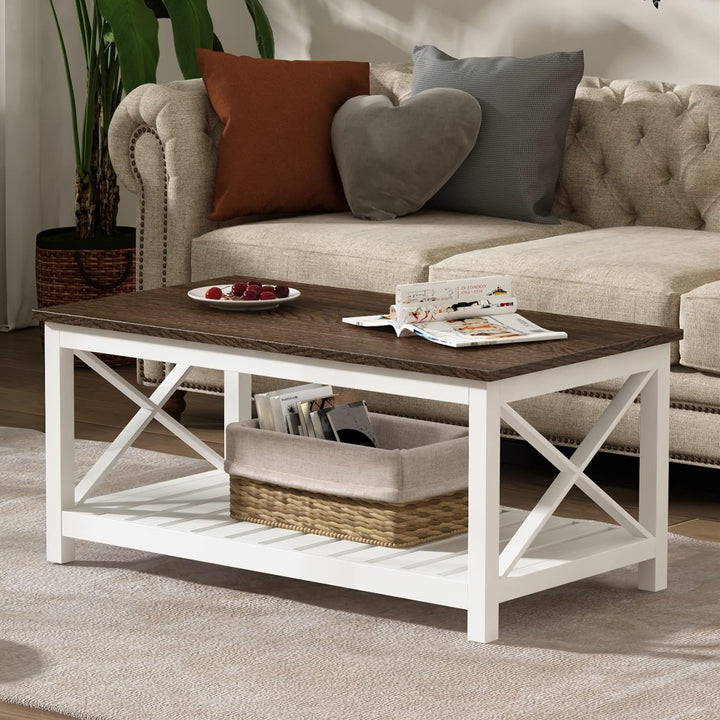 Rustic Farmhouse Coffee Table with Shelf, Vintage Finish White