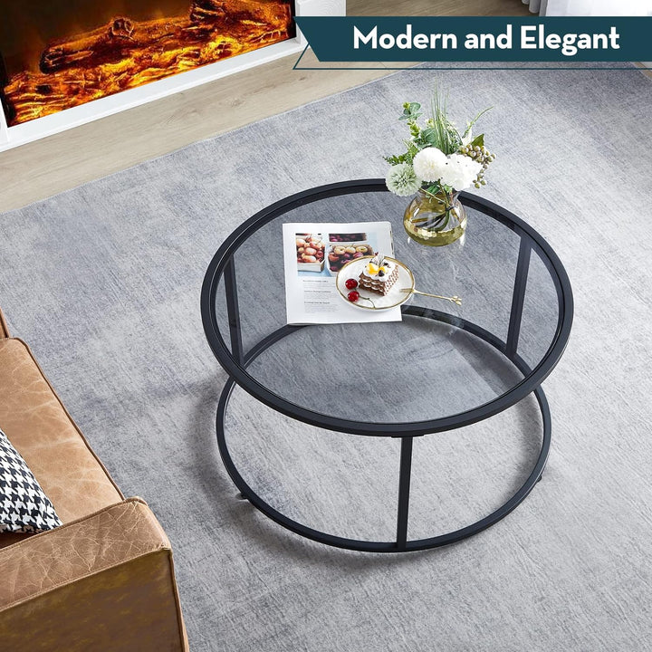 Round Coffee Table Glass Center Table Gray Black