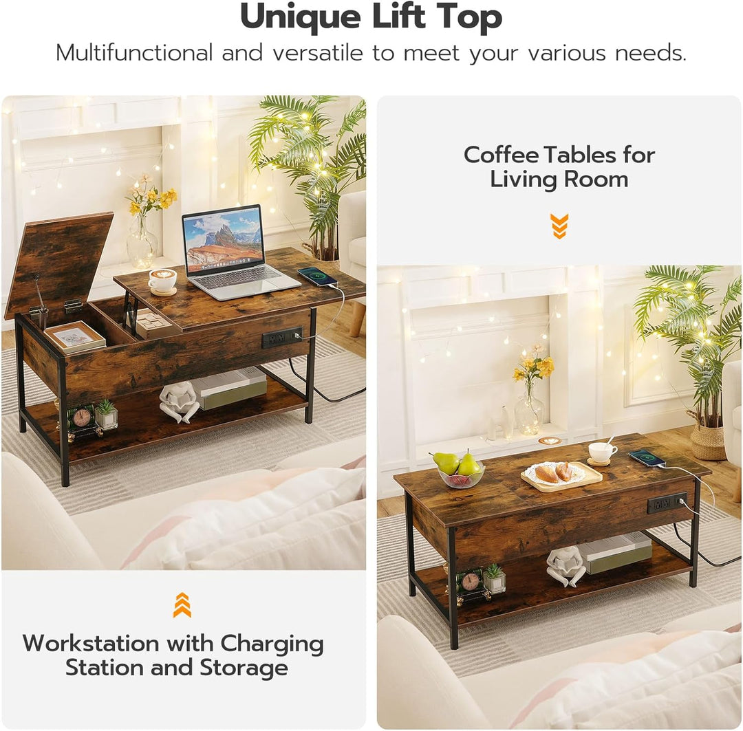 Lift Top Coffee Table with Power Outlet, Charging Station, Rustic Brown and Black