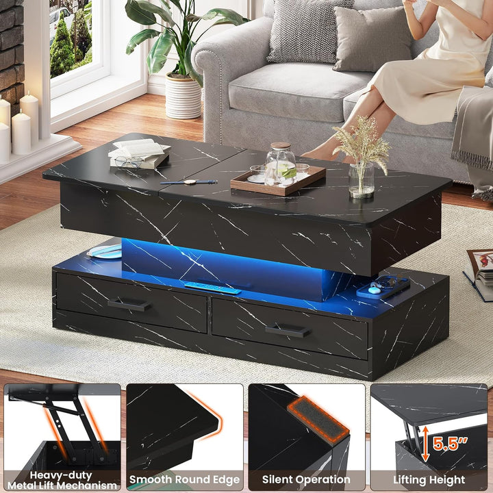 Lift Top Coffee Table with Storage Drawers, LED Light, Black Marble