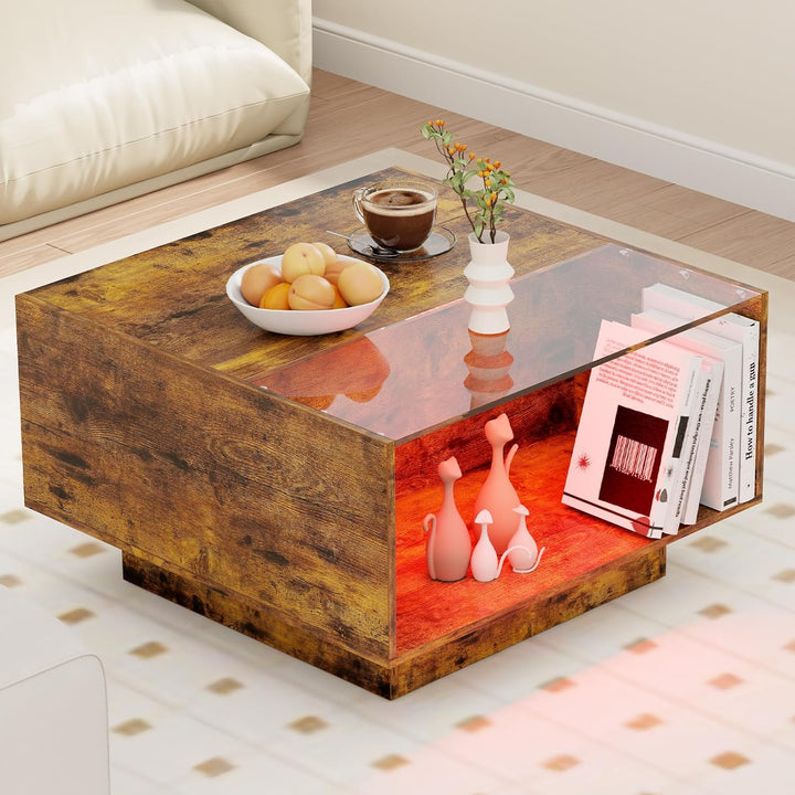 Unique LED Coffee Table with Storage, 16 Color Changing Lights, Rustic Brown