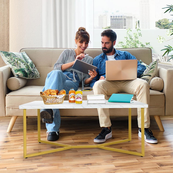 Modern Coffee Table with Faux Marble Top, Golden Legs, White, Golden