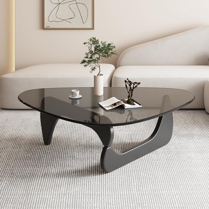 Triangle Glass Coffee Table, Mid-Century Modern End Table, Black Grey