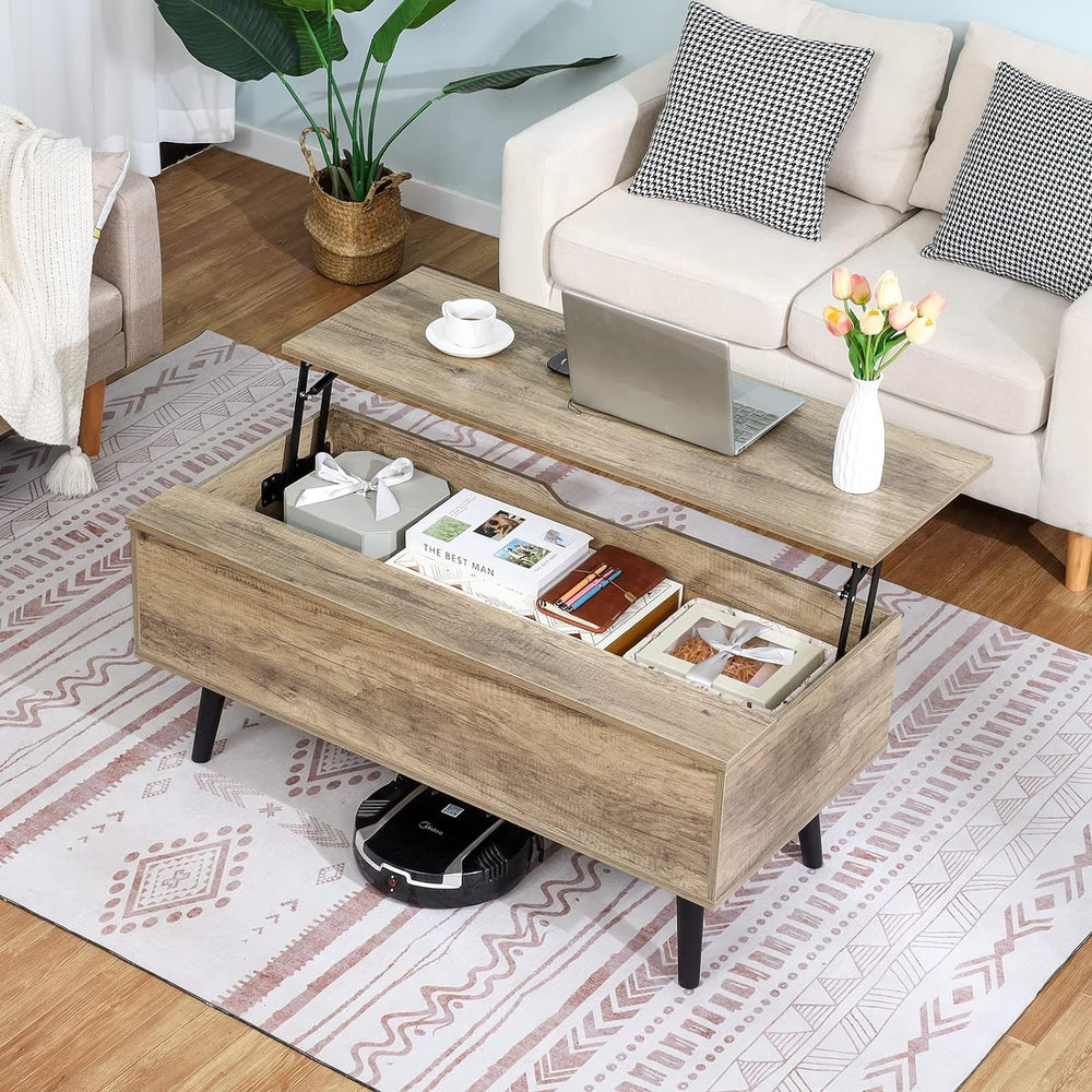 Lift Top Coffee Table with Hidden Storage, Mid Century Design, Beige