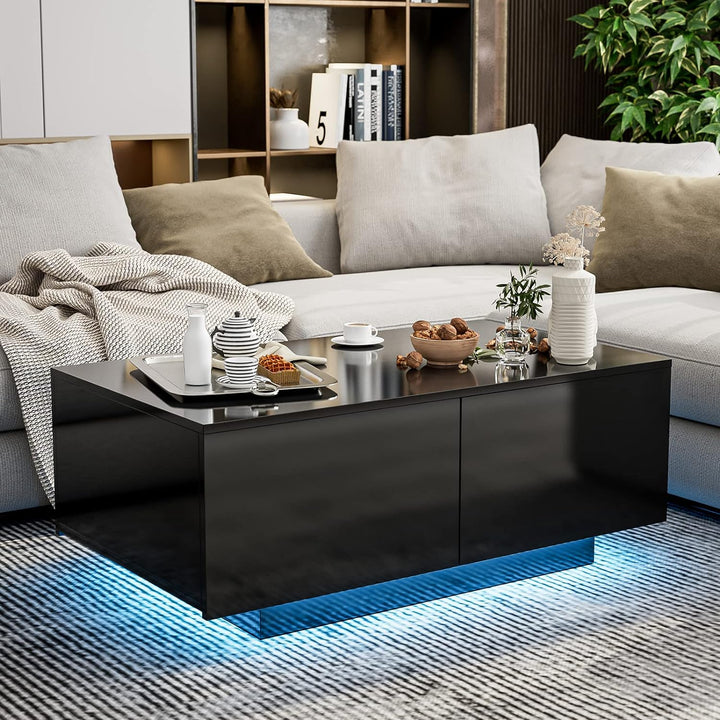 Modern LED Coffee Table with 4 Drawers, Black High Gloss