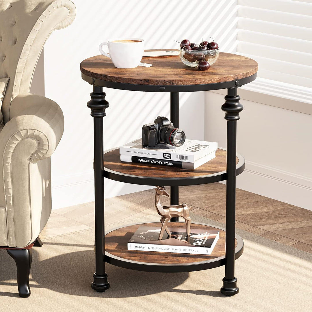 3-Tier Round Side Table Rustic Brown Accent