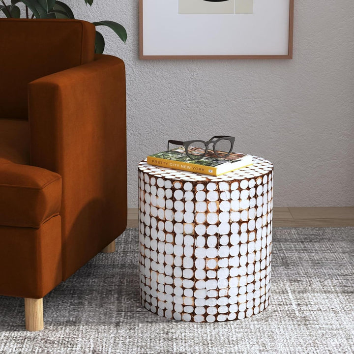 Round Side Table - Real Coconut Shell Mosaic Inlaid (White)