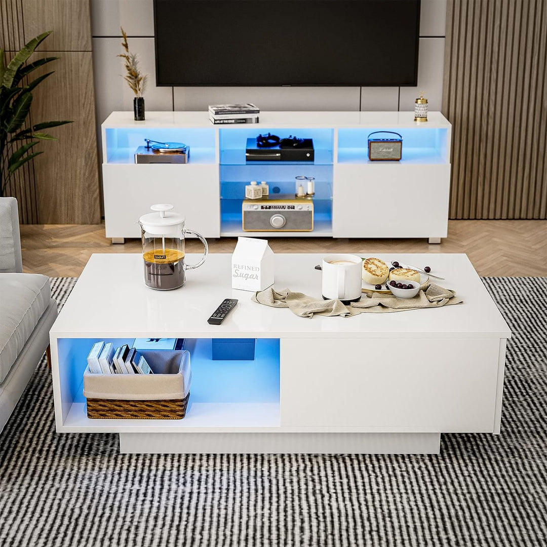 Stylish White LED Coffee Table with Color-Changing Lights, White