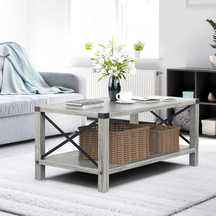 Farmhouse Coffee Table, 2-Tier Industrial Wood Look Grey