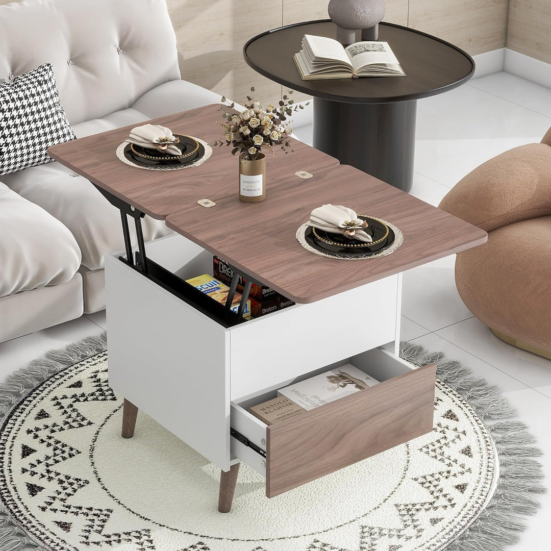 Lift Top Coffee Table with Storage Drawer, Hidden Shelf, and Extendable Dining Tabletop, Walnut/White