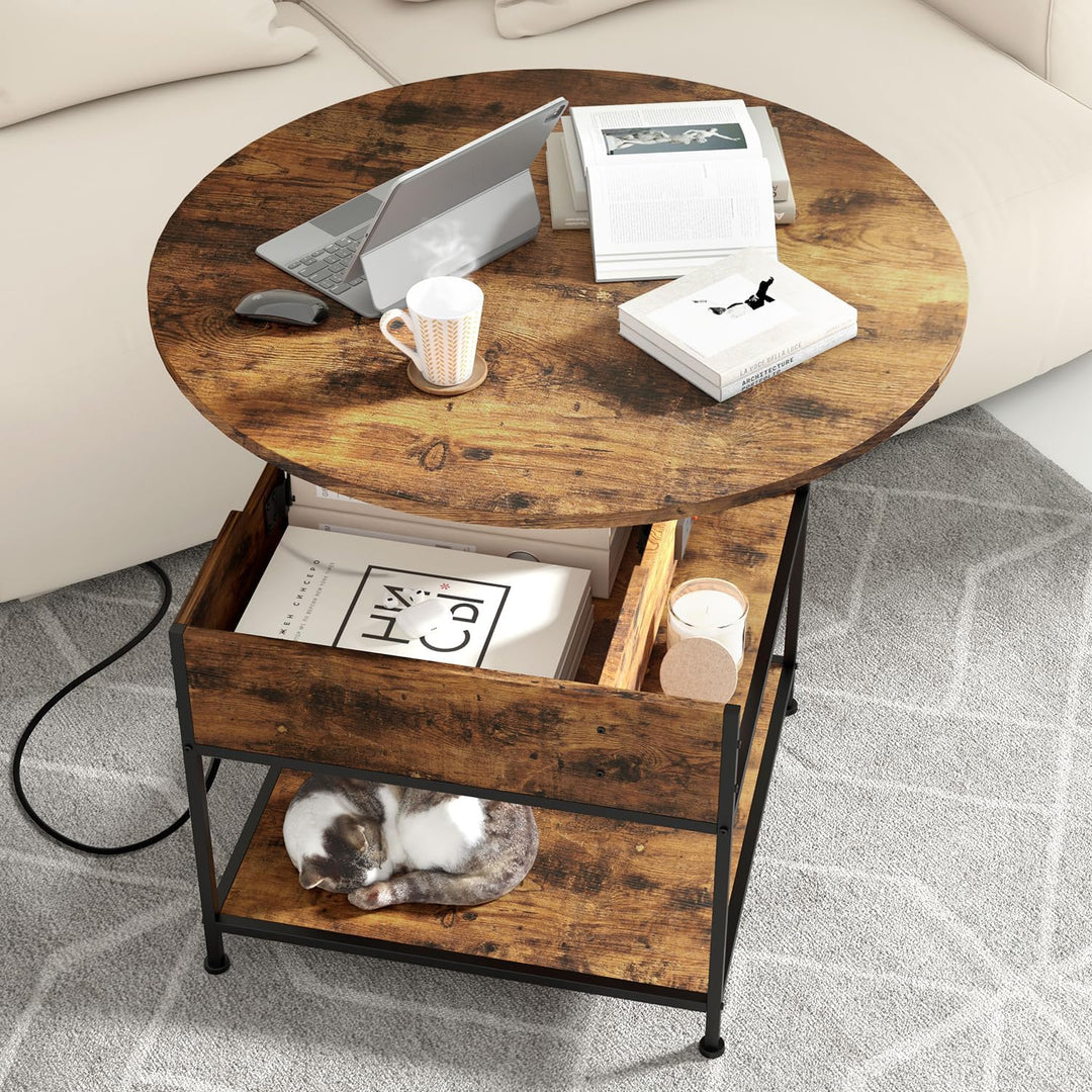 Modern Round Lift Top Coffee Table with Storage, Rustic Brown