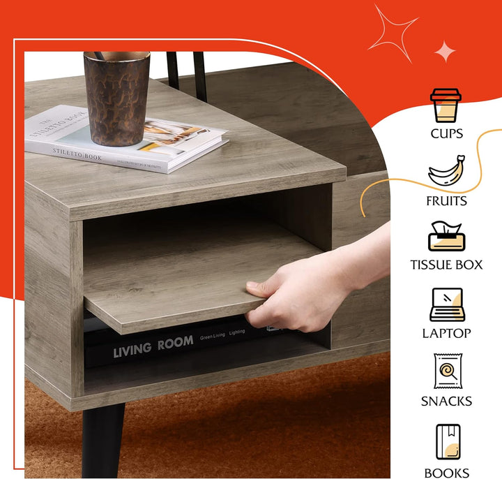 Lift Top Coffee Table with Hidden Storage, Adjustable Shelf, Greige