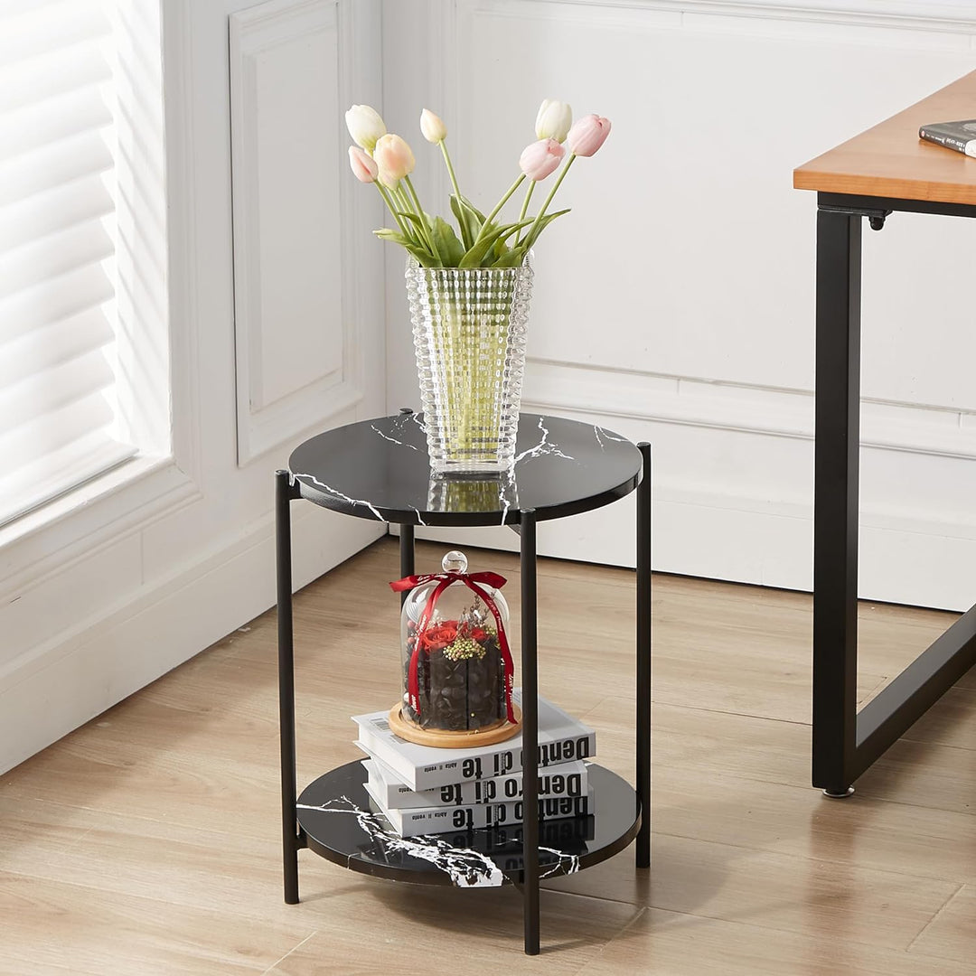 2 Tier Round Side Table, Faux Marble Black Accent Table