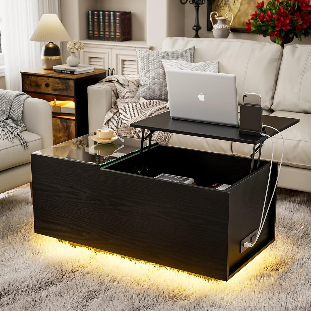 IKIFLY Lift Top Coffee Table, LED Lights, Charging, Black