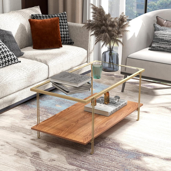 Tangkula Mid Century 2-Tier Rectangle Coffee Table, Gold