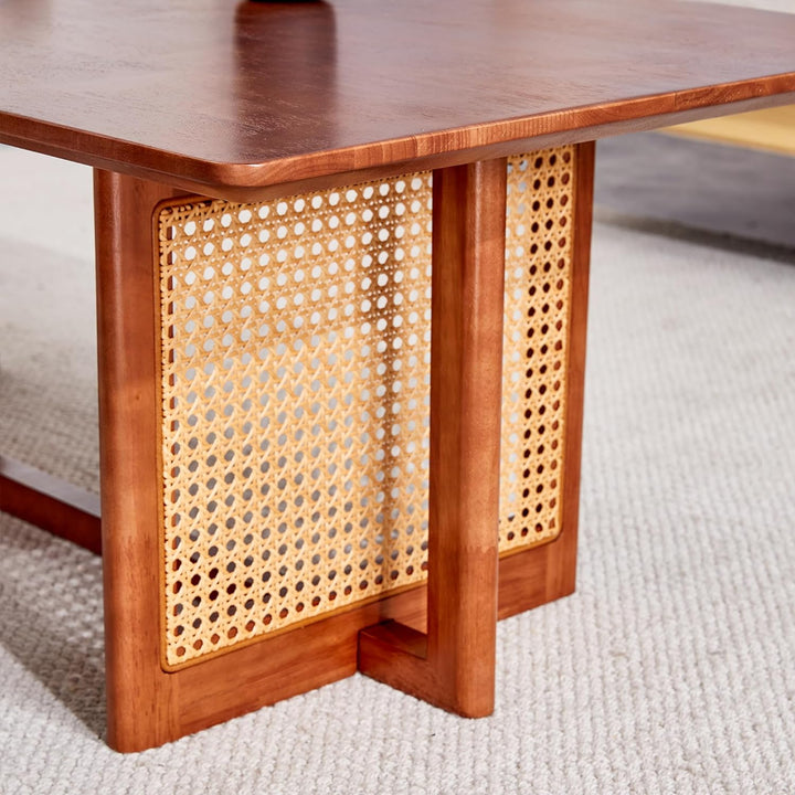 Mid Century Modern Wood Coffee Table with PE Rattan Stand