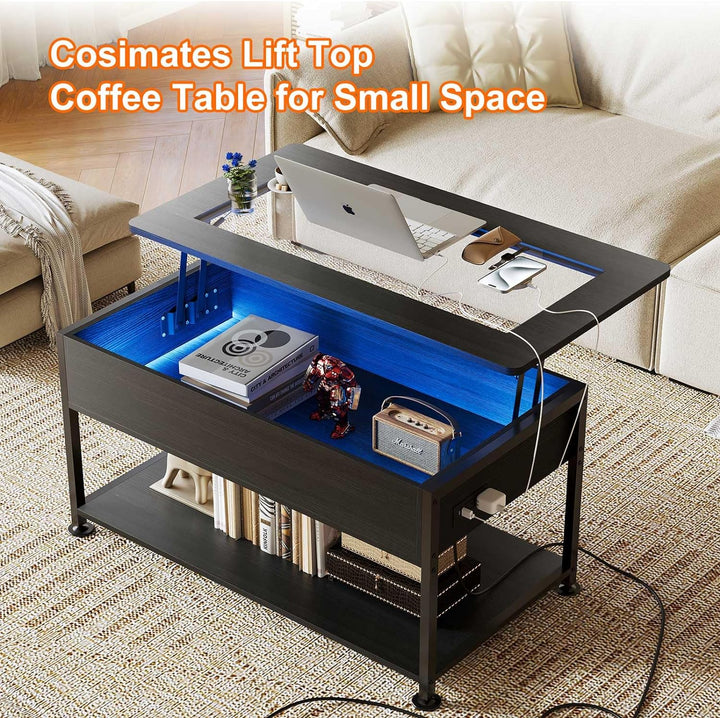 Stylish Glass Coffee Table with LED Lighting and Power Outlet, Black