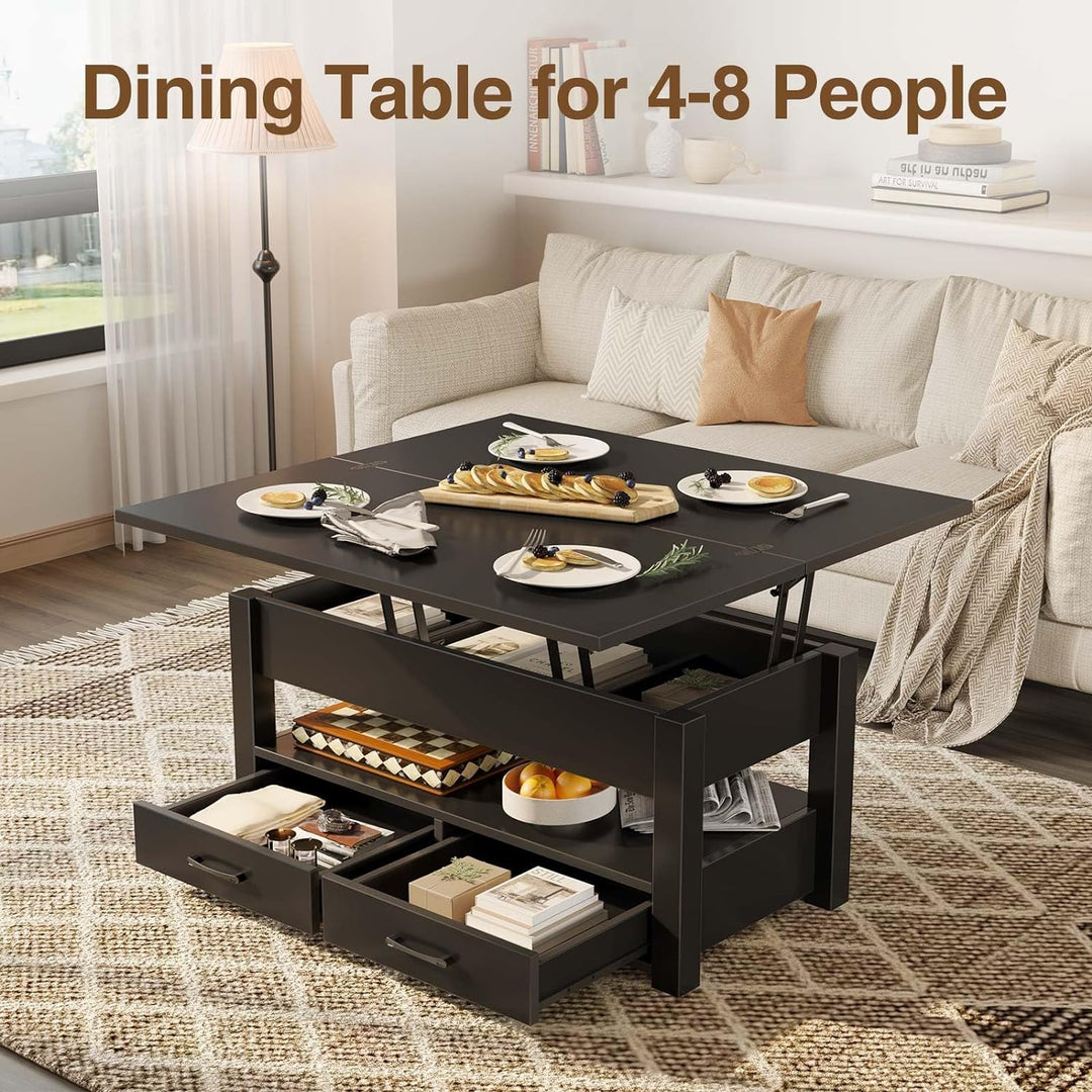 Multifunctional Coffee Table with Lift Top, Drawers, Hidden Compartment, Converts to Dining Table, Black