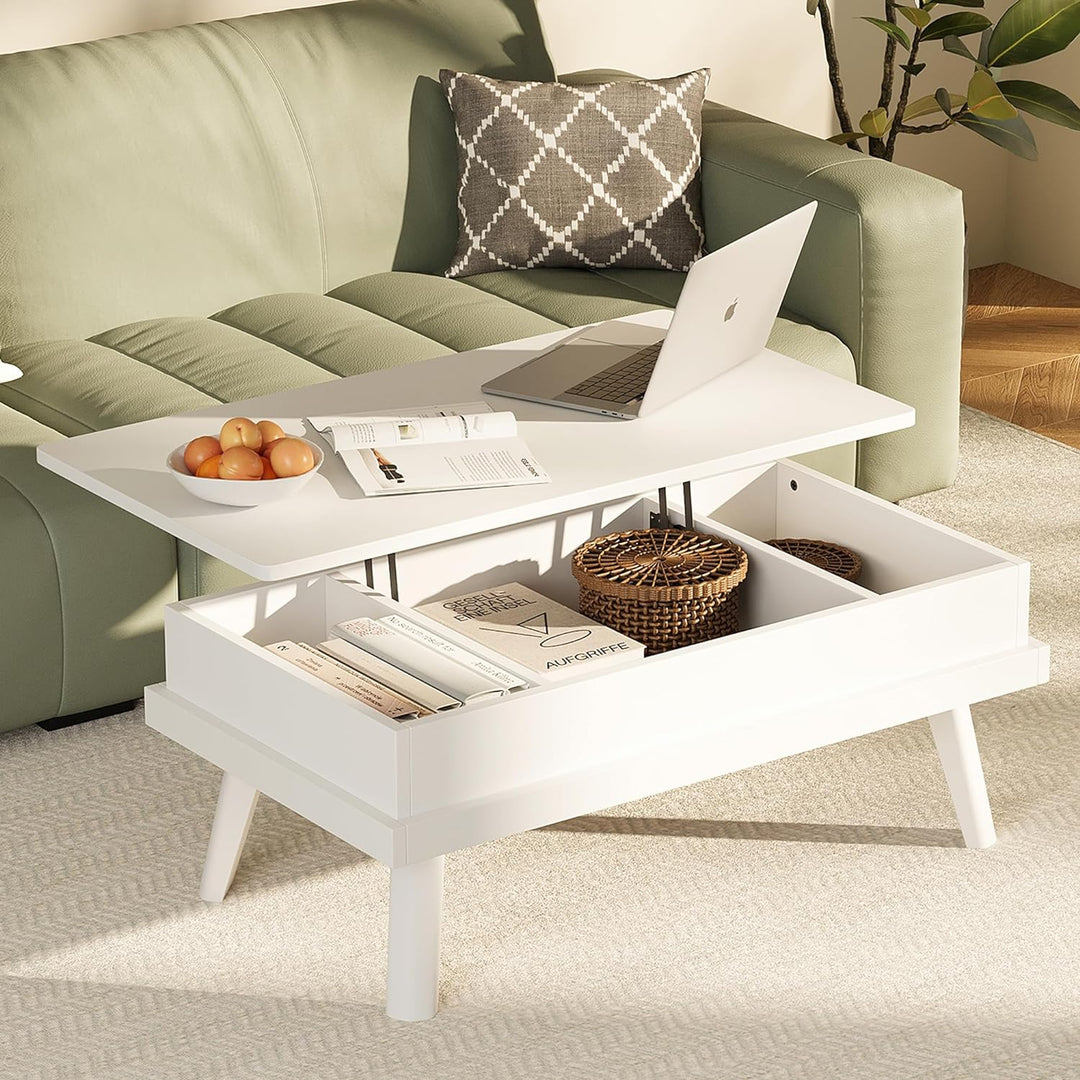 Meilocar Wood Lift Top Coffee Table with Hidden Compartment, White